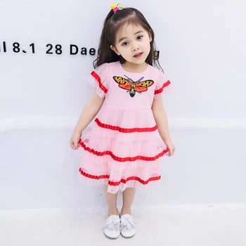 

Summer girls pleated dress baby party dress kids clothes Children layered vestidos embroidery butterfly patch striped 2 to 9 yrs