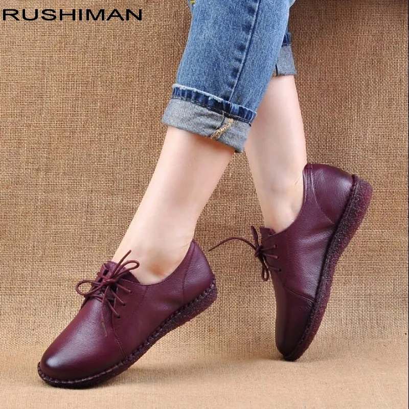 RUSHIMAN Genuine Leather Flat Shoe Hand-Sewing Mother Pregnant Shoe Female Moccasins Women Flats Driving Shoes