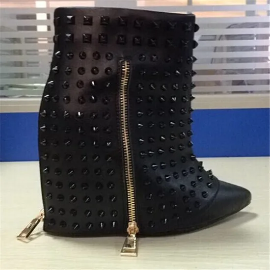 Fashion Shark Shape Wedged Women Boots Pointed Toe Rivets High Heel Ankle Boots Shoes Woman Autumn Winter Rain Boots Botas Mujer (2)