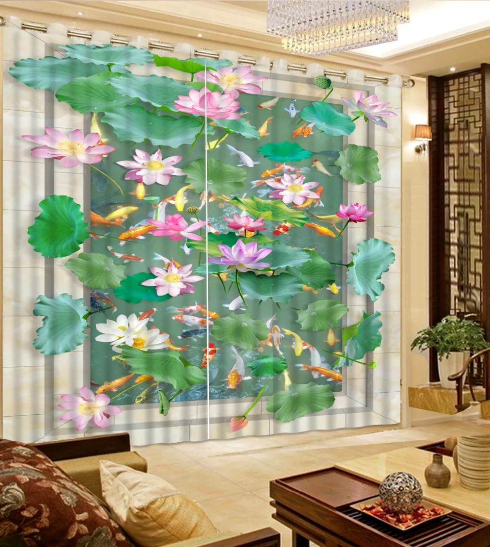 

Modern 3D Lotus carp Curtains Photo Marble 3D Blackout Curtains For Bedroom Living room Dreapes curtains Para sale