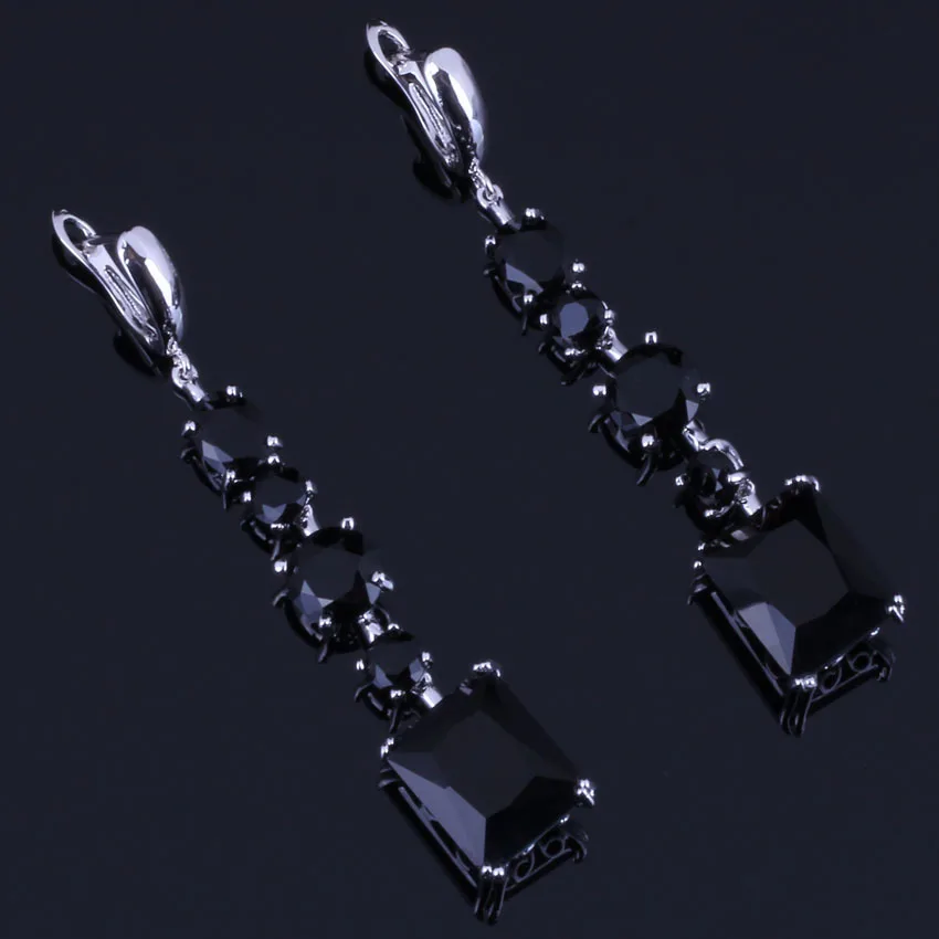 

Magic Rectangle Black Cubic Zirconia 925 Sterling Silver Drop Dangle Earrings For Women V0836