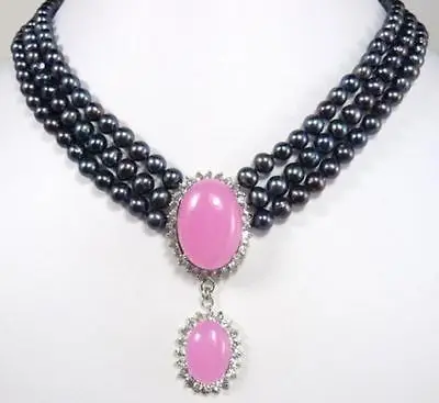 

Dazzling Beautiful 3 Rows Natural Pearl Pink Jade Pendant Necklace