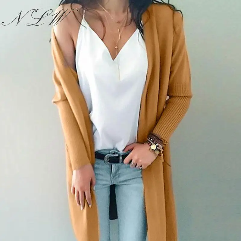 

NLW Knitted Long Cardigans Women 2019 Khaki 4 Colors Pockets Sweater Caidigans Autumn Winter Long Sleeve Oversize Casual Cadigan