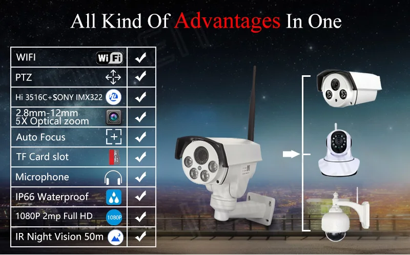 Starlight аудио PTZ наружная IP камера 1080P провод WiFi sony Pan Tilt Автоматический зум 2MP FULL HD пуля SD карта onvif ночное видение 50 м