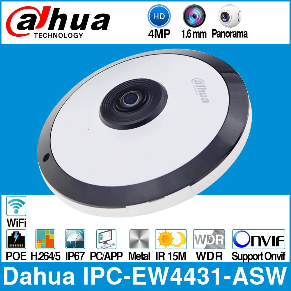 Dahua IPC-EW4431-ASW 4MP Panorama 180 Degree POE WIFI Fisheye IP Camera Built-in MIC SD Card Slot Audio Alarm In/Out Interface