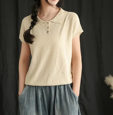 beige yellow Корейская женская летняя футболка с коротким рукавом Однотонная Ретро футболка с отложным воротником Женская Повседневная летняя футболка женская - Цвет: beige yellow