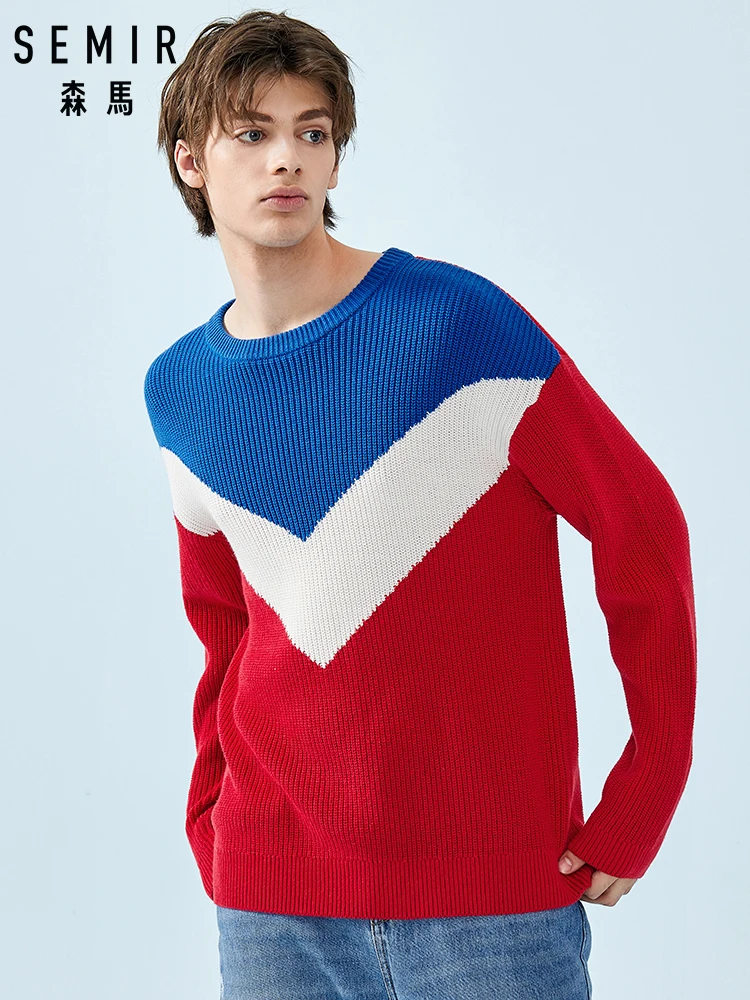 YYear Mens Knitted Color Block Casual Round Neck Slim Cotton Pullover Sweater