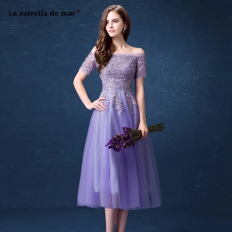 

Vestido madrinha2019 new Boat Neck lace short sleeve A Line lilac bridesmaid dress Tea Length vestido boda mujer invitada