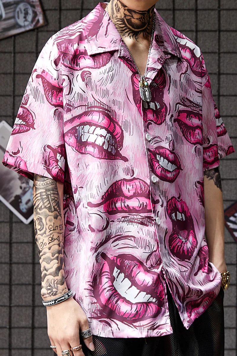 Японский Harajuku Ulzzang Tide розовые губы свободные с коротким рукавом мужская рубашка индивидуальная Гавайская пляжная рубашка с цветочным принтом