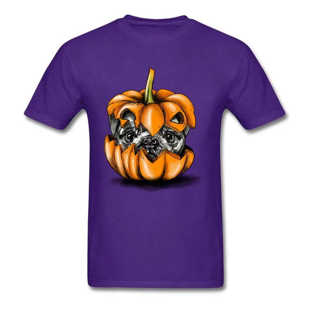 Halloween Pumpkin Pug Casual T Shirt for Students 100% Cotton Fabric Fall Round Collar Tshirts Classic Tops Shirts New Arrival Halloween Pumpkin Pug purple