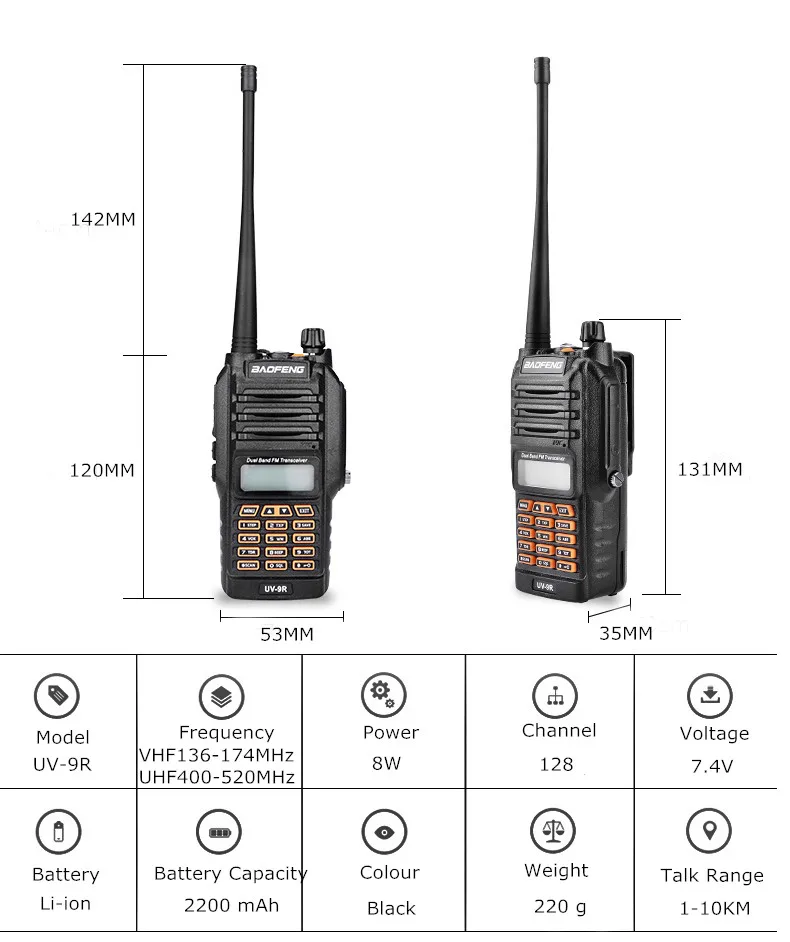 Baofeng UV-9R Plus акустическая гарнитура IP67 водонепроницаемый двухдиапазонный 136-174/400-520 МГц радиоприемник Baofeng 8 Вт рация 10 км UV 9R