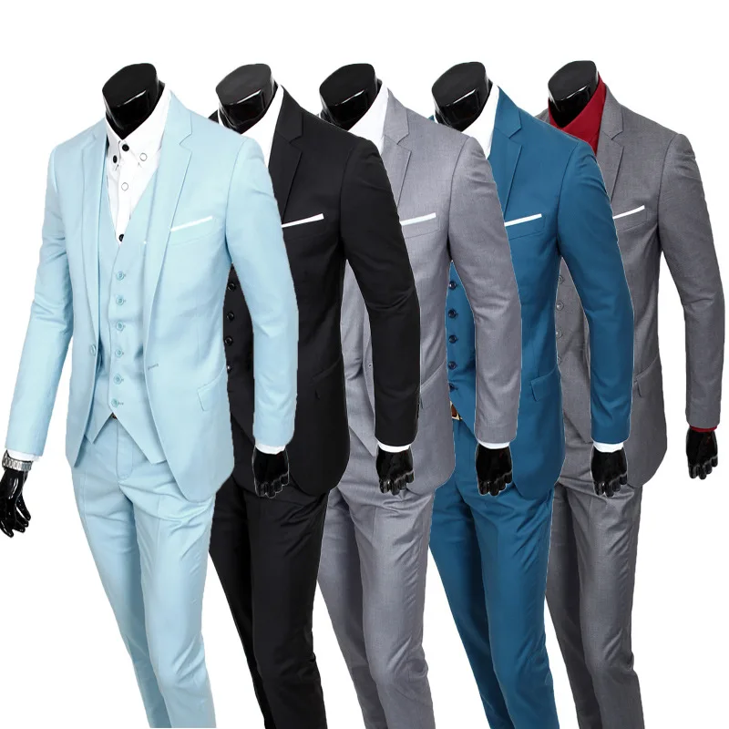 ( Jackets + Vest + Pants ) Groom High-grade Brand Cotton Solid Color Formal Suit Mens Casual Business Three-piece Suits Set Male