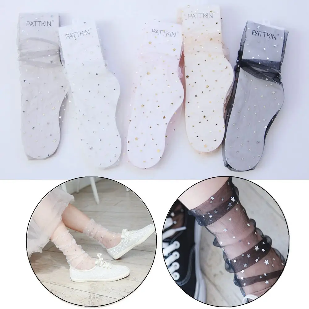 

1PC Women Fashion Glitter Mesh Ankle High Hosiery Unique Design Lace Star Moon Sequins Sock Transparent Creative Thin Short Sock