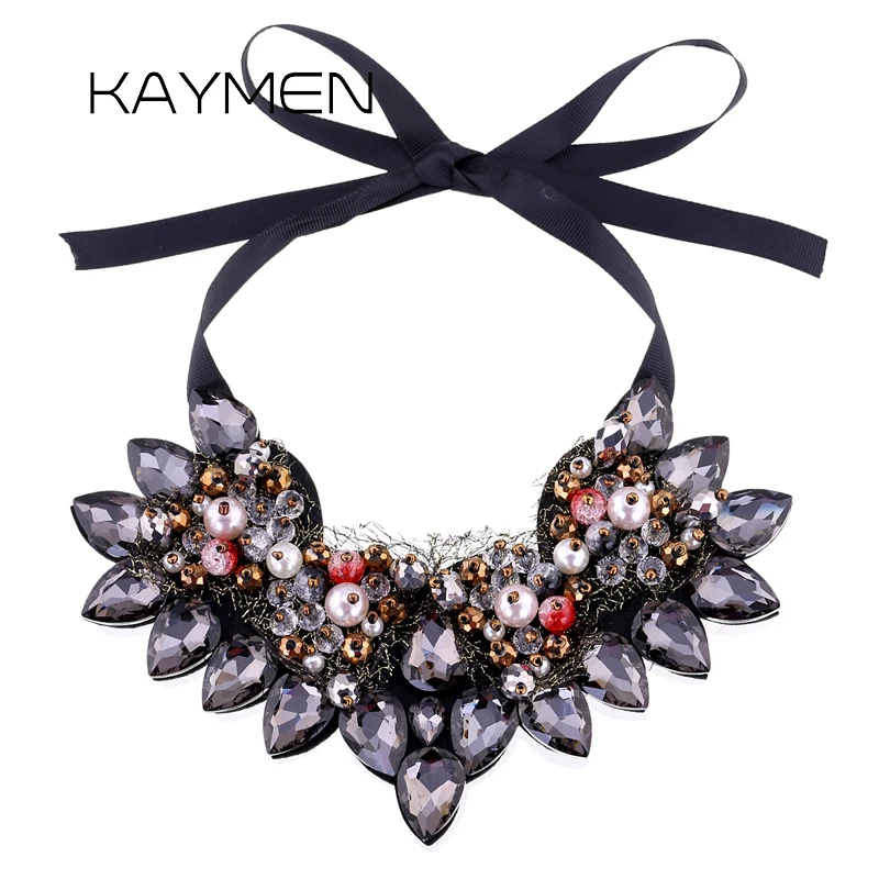 

KAYMEN Handmade Fabrics Inlaid Imitation Pearls and Crystals Chokers Necklace Pendant for Women Statement Lace Beads Necklaces