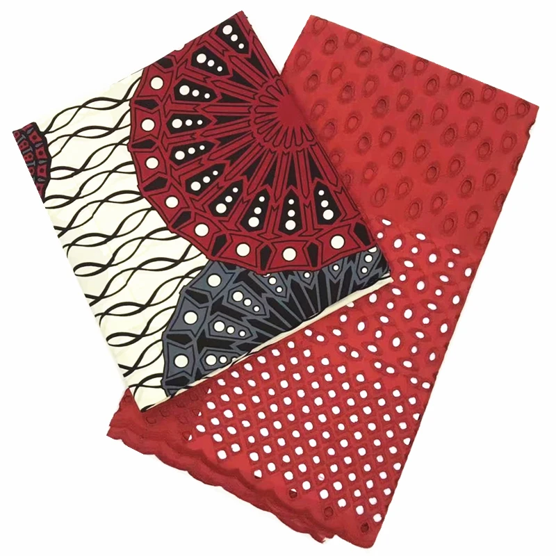 

100% Cotton Ankara Fabric red African Wax Prints Fabric African Sewing Material with White Hollow Out Nigerian Voile Lace 2.5+3y