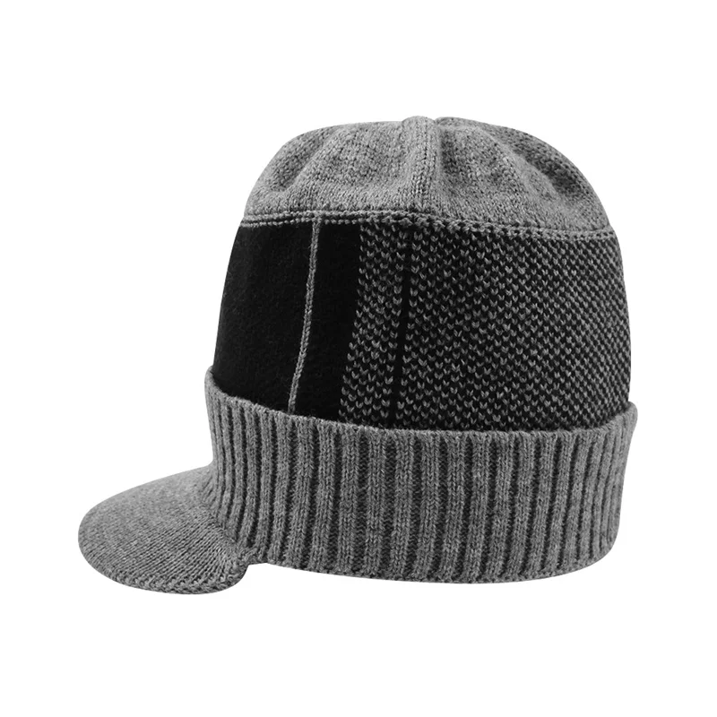 Warm Winter Men Hat Knit Cable Visor Male Beanie Fleece Lining Patchwork Beanie Stripe Newsboy Cap Outdoor Sport Adult Hat  (36)