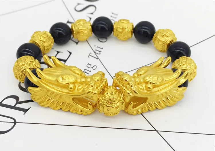 Вьетнам аллювиальные золотые шесть символов отличные яркие четки для чтения мантр Domineering двойной дракон головы браслеты