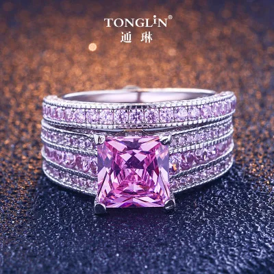 

TONGLiN Drop Shipping Generous 925 Sterling Silver Lady Pink Big Wide Silver Ring Set Size 4 5 6 7 8 9 10 11 Romantic