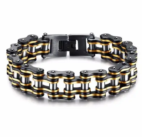 Heavy Metal Men's Stainless Steel Double Link Black Yellow Bike Chain Bracelet USA Seller!