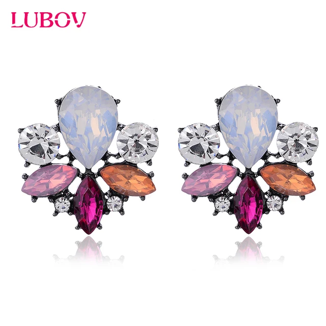 LUBOV Colorful Acrylic Crystal Stone Stud Earrings Big Rhinestone Inlaid Women Piercing Earrings Birthday Gift Party Jewelry
