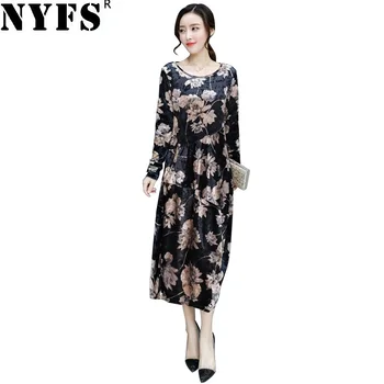 

NYFS 2020 New Style Spring Autumn long Dress Loose Vintage Corduroy Printing Women dress Vestidos Robe Dresses