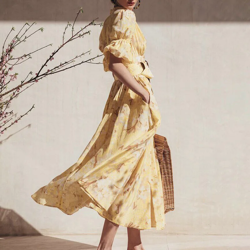 Цветное шикарное винтажное платье миди летнее элегантное желтое/белое платье с v-образным вырезом и пышными рукавами с большим подолом однобортное платье для отпуска