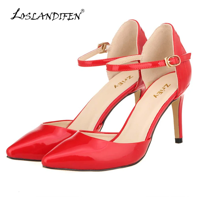 

LOSLANDIFEN Ladies Party Shoes Femininos Womens Pointed Toe Patent Leather High Heels Sexy Ankle Strap Sandals Red Pumps952-7PA
