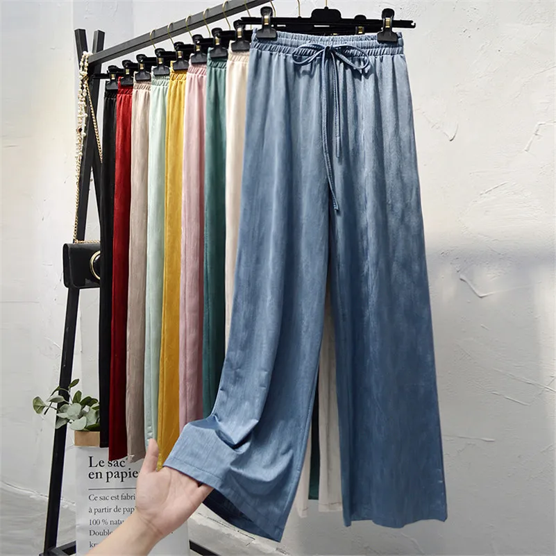 

New Korean Fashion Women Trousers Summer Autumn Ice Silk Satin Wide Leg Pants Elastic High Waist Lady Casual Loose Pant SF1931