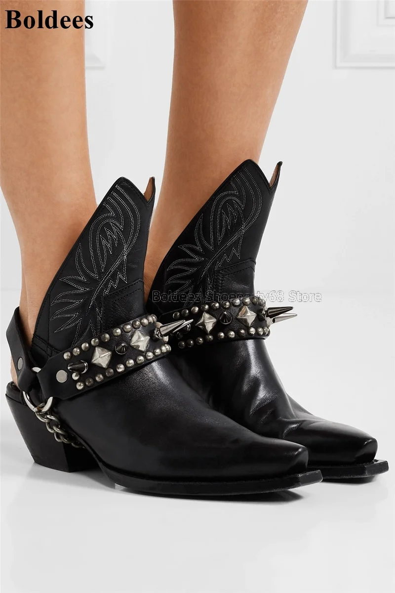 

Black Leather Punk Designer Ankle Boots Women Silvery Metal Chains With Rivets Sling Back Decoration Point Toe Sewing Short Boot