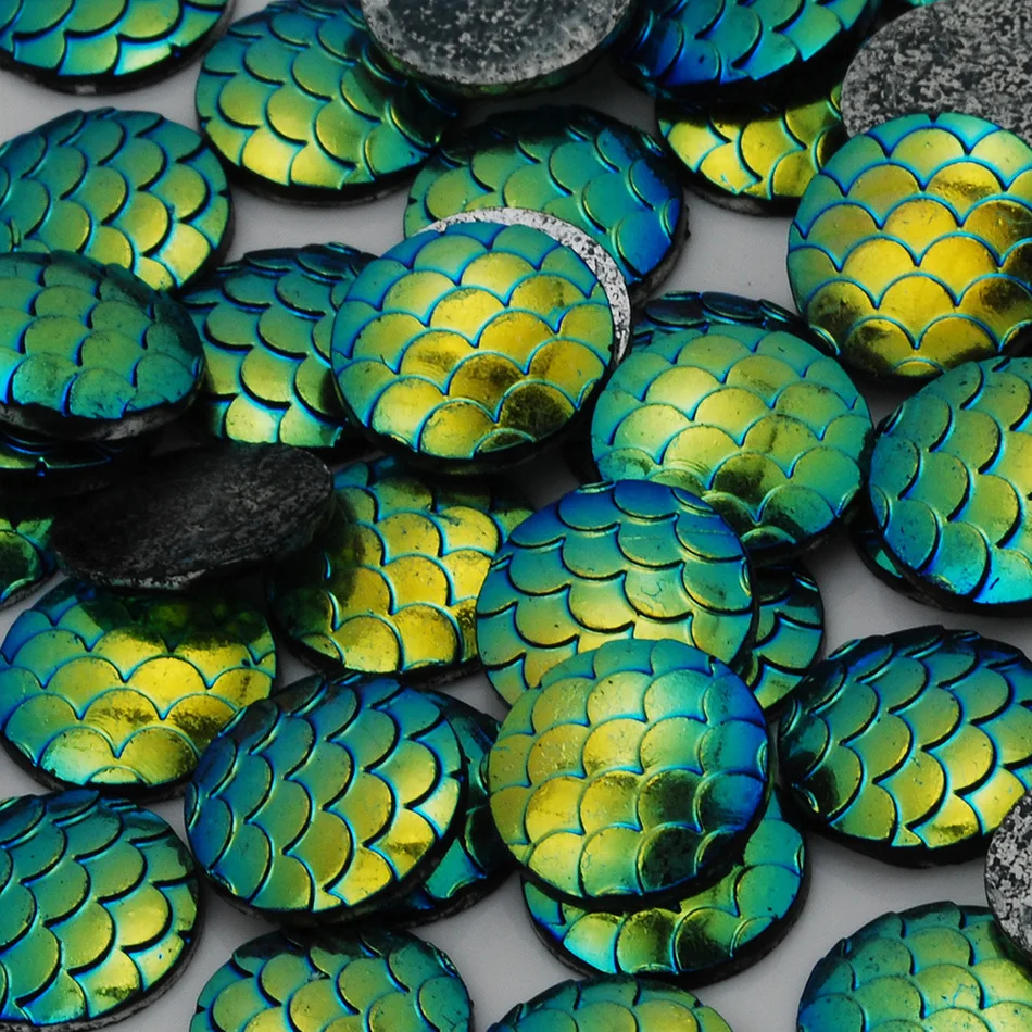 

50 PCS Fashion Colour AB Flat Back Resin Fish Scale Pattern Round Cabochon 12mm New Design Sticker-10050643