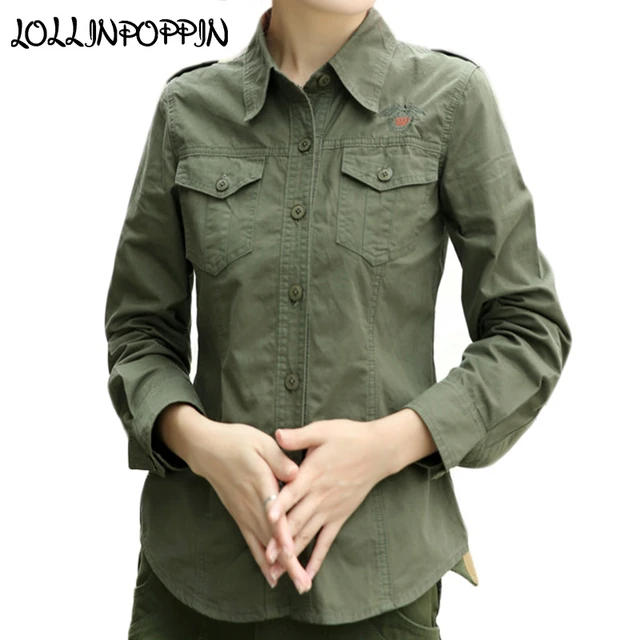 Camisa verde para camisa informal bordada, manga larga, cuello vuelto, estilo militar - AliExpress