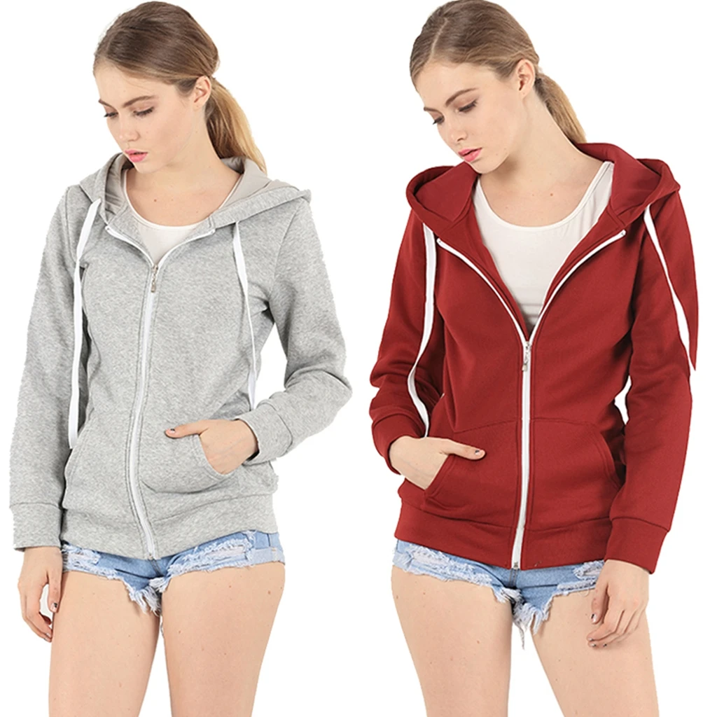 Casual Ladies Plain Zip Up Fleece Hoody Women Sweatshirt Coat Jacket