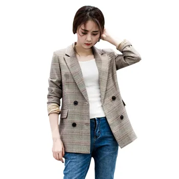 

Lady Notched Button Casual Blazers Woman Plaid Print Full Sleeve Office Women Blazers Button Decor