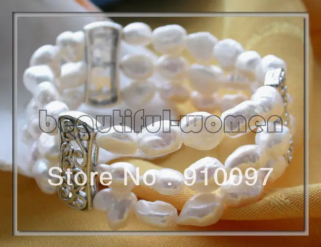 

>>>3row 8" 9-10mm WHITE BAROQUE PEARL elasticity BANGLE