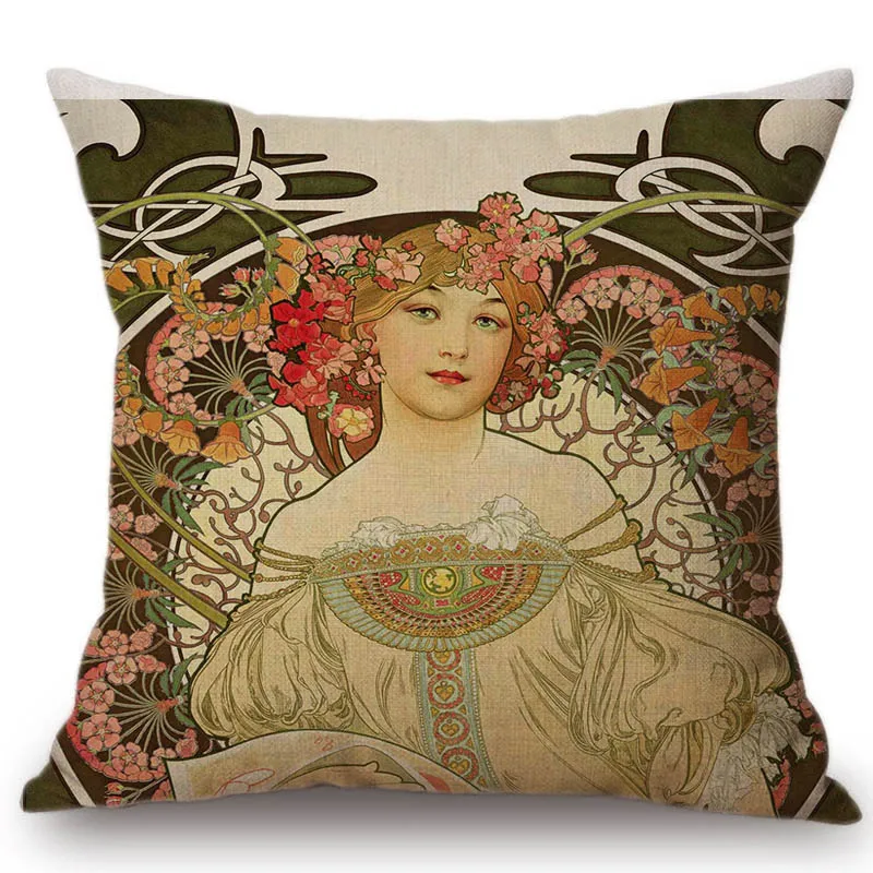 Vintage Nordic Art Nouveau Mucha Gallery Cushion Cover Decorative Sofa Pillow Cover Beauty Girl Cotton Linen Pillows