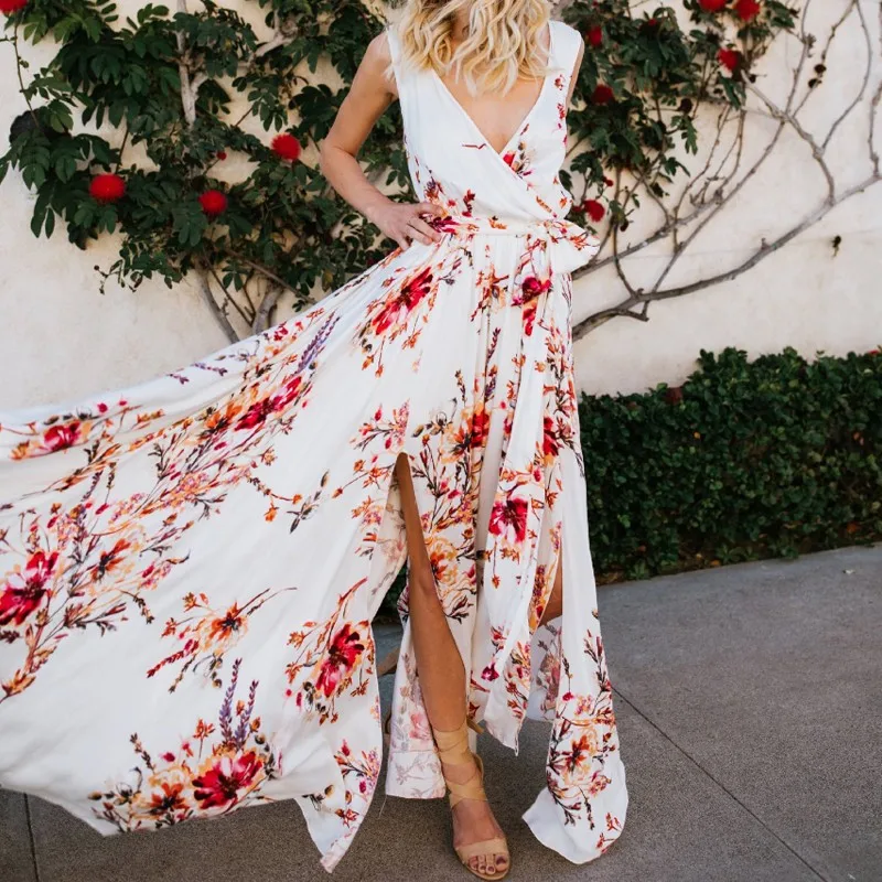 DeRuiLaDy Boho Floral Print Vintage Long Dress Sexy V Neck Dleeveless Women Maxi Dresses Summer Split Beach Party Dress Vestidos