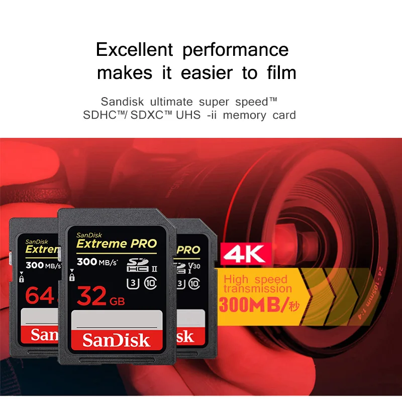 Двойной Флеш-накопитель SANDISK EXTREME PRO SD UHS-II карта 32 Гб 64 высокое Скорость C10 U3 4K видео в формате Full HD Камера слот для карт памяти до 300 МБ/с. 2000X SD карты