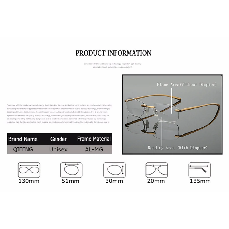 QIFENG бифокальные очки для чтения, мужские и женские очки без оправы для дальнозоркости, мужские и женские очки+ 1,0+ 1,5+ 2,0+ 2,5+ 3,0+ 3,5+ 4,0 QF264