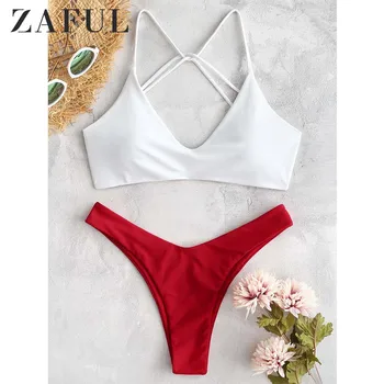 

ZAFUL Bikini Women Color Block High Cut Bikini Set Spaghetti Straps Wire Free Padded Swimsuit Sexy Swimwear Basic Bathing Suit