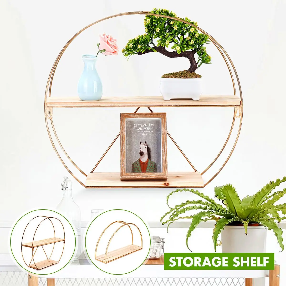 

Wall Mounted Hanging Wood Storage Shelf Vintage Gold Geometric Iron Rack Home Wall Decoration Storage Organizer For Living Room