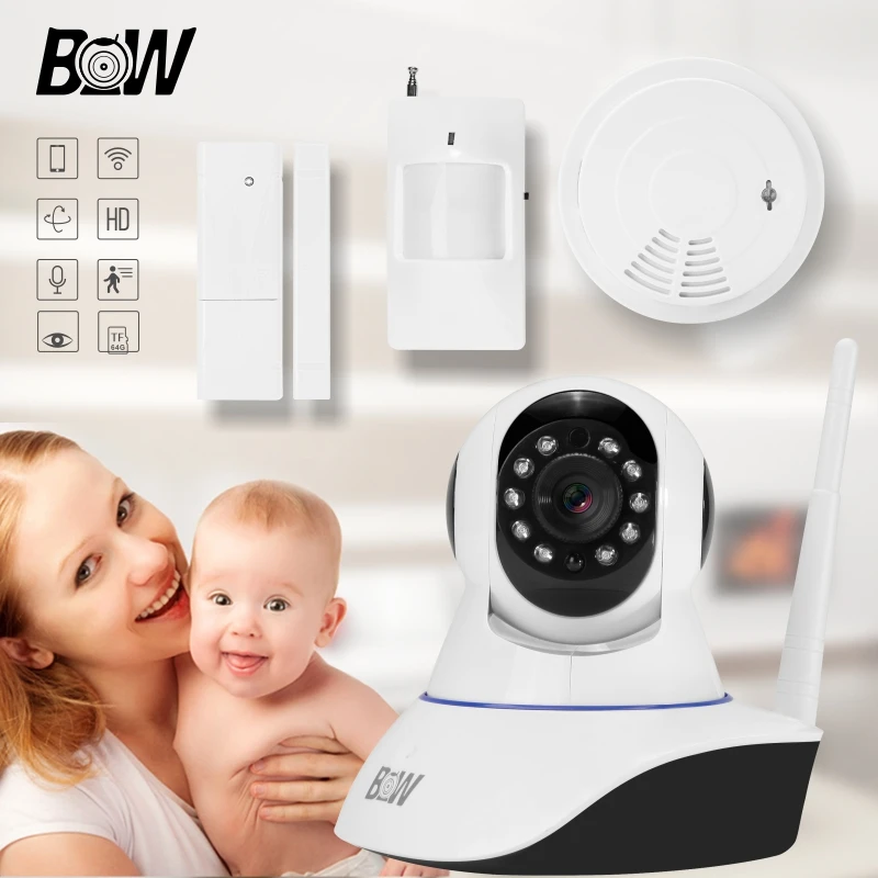 P/T HD 720P IR-Cut Night Mini IP Camera P2P Wireless WiFi + Door &amp Infrared Motion Sensor Smoke Detector Surveillance Video |