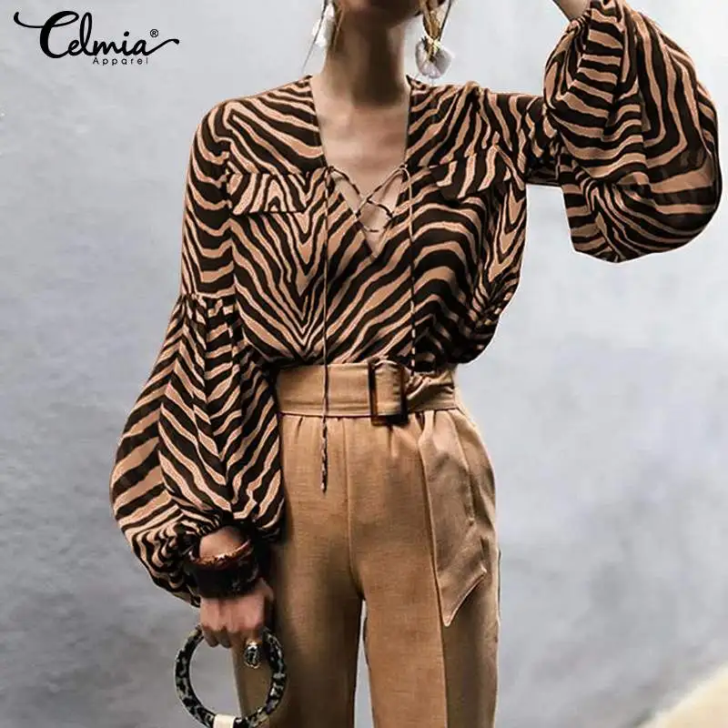 

Elegant Women Blouse Celmia 2019 Fashion Print Long Shirts Female Full Sleeve Sexy Lace Up Work Tops Casual Blusas Femininas 5XL