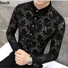 CH. KWOK/Летняя Осенняя мужская кружевная рубашка с длинными рукавами, черные, белые, зеленые, Сексуальные клубные вечерние рубашки для свадьбы, мужские деловые рубашки с цветочным принтом XXXL