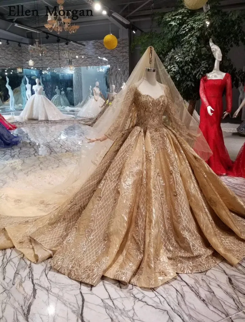 Золотое кружевное свадебное платье с длинными рукавами милое Настоящее фото блестящее свадебное платье на заказ в Саудовской Аравии без вуали
