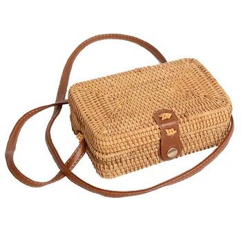 

Woven Rattan Bag Women Boho Shoulder Messenger Bag Bali Handmade Small Round Bag Girl Square Crossbody Straw Handbag Wholesale