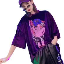 7 Манг Весенняя уличная мультяшная Футболка с бриллиантами Женские фиолетовые повседневные футболки с коротким рукавом женские длинные свободные прямые велюровые футболки