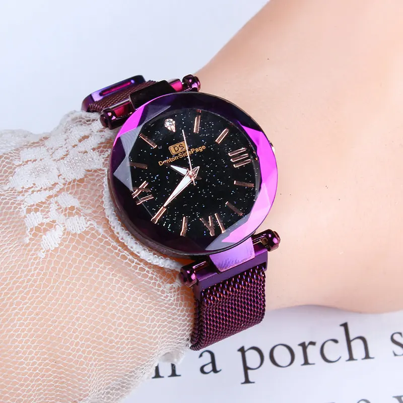 Роскошные женские часы модные женские Нержавеющая сталь сетки кварцевые наручные часы Звездное небо для женщин браслет часы - Цвет: Фиолетовый