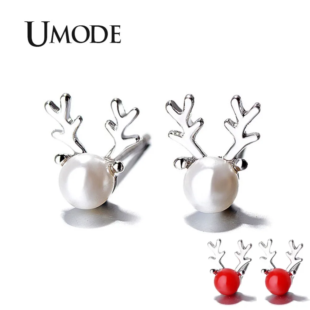 

UMODE New White Gold Fashion Red/White Pearl Deer Antlers Stud Earrings for Women Silver Color Dangling Earring Jewelry AUE0464