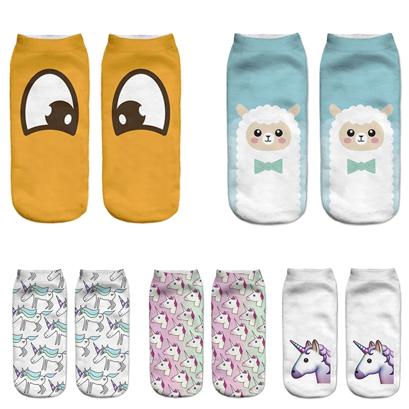 

2017 Eye Emoji 3D Socks Women Harajuku Cartoon Cute Animal flamingo Sheep Ankle Soks Unicorn Printing Kawaii Licorne Girls Socks