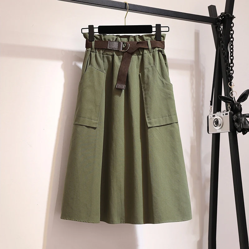 Женская хлопковая юбка миди с ремнем Surmiitro, трапециевидная офисная юбка с карманами и высокой талией длиной до колен для женщин на весну лето осень